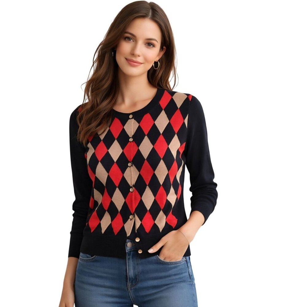 J.Crew Womens Argyle Merino Wool Cardigan Sweater Navy Red Beige Size M